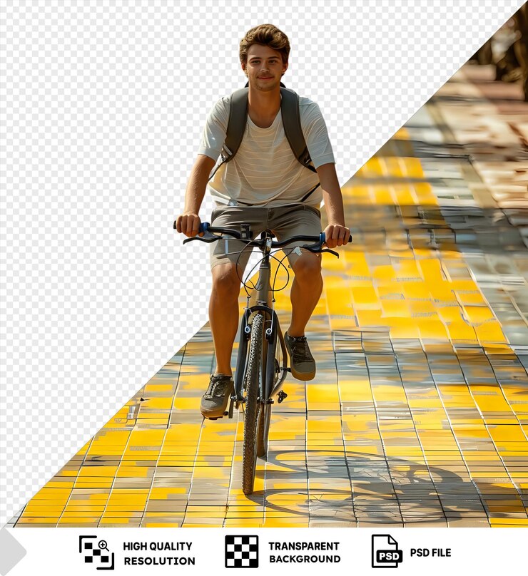 PSD asombroso y tranquilo joven ciclista montando su bicicleta a lo largo del sendero de bicicletas en un parque de recreación local png psd