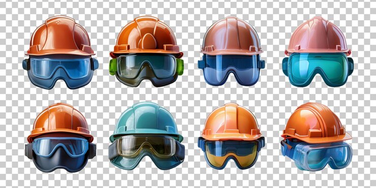 PSD asortimento de cascos de construcción coloridos y gafas de seguridad en fondo transparente para visuales industriales y de seguridad
