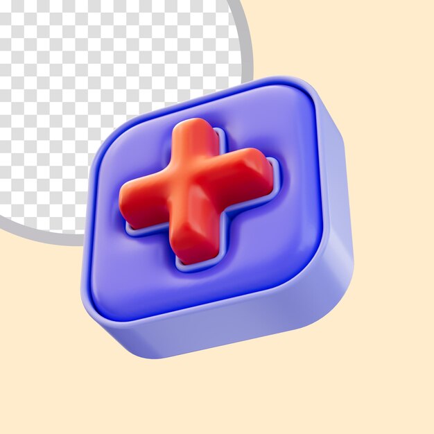 Aspecto de dibujos animados más icono de insignia de cubo concepto de renderizado 3d para atención médica farmacia tienda médica hospital