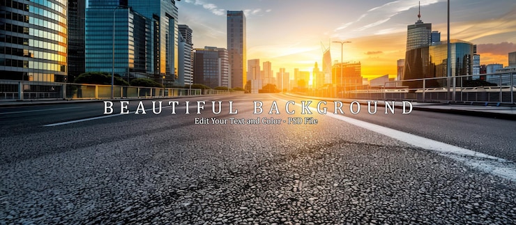 PSD asphalt highway and skyline with modern buildings