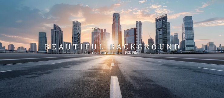 PSD asphalt highway and skyline with modern buildings