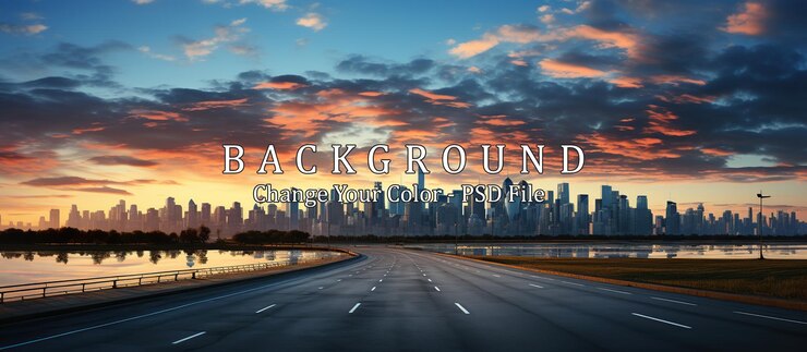 PSD asphalt road and modern city skyline