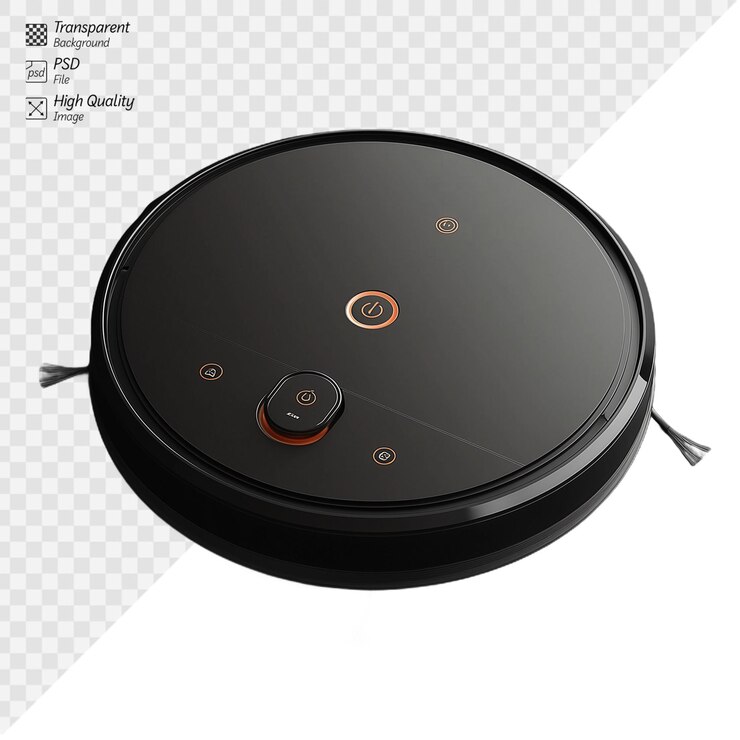 PSD aspiración robótica eficiente con diseño moderno y elegante sobre un fondo transparente para soluciones de limpieza doméstica inteligentes