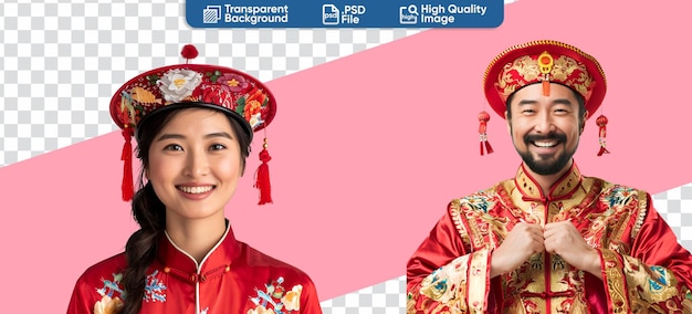 PSD assembléia de homens e mulheres chineses felizes em trajes tradicionais de ano novo