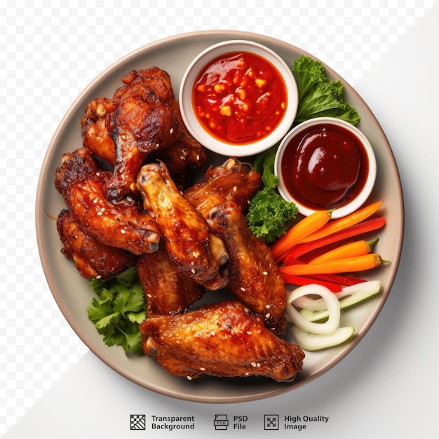 PSD une assiette d'ailes de poulet accompagnées de ketchup et de légumes.