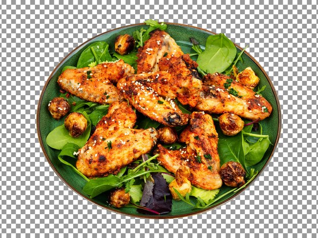 PSD assiette d'ailes de poulet grillées avec une salade sur fond transparent