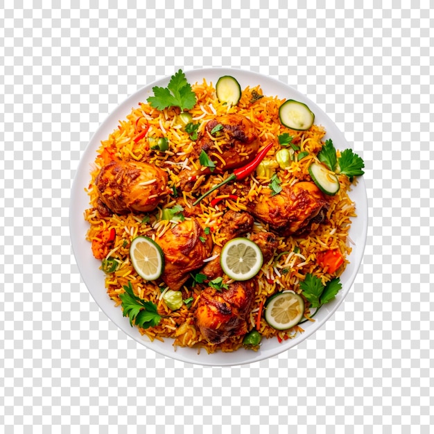 PSD une assiette de biryani avec des morceaux de poulet sur un fond transparent