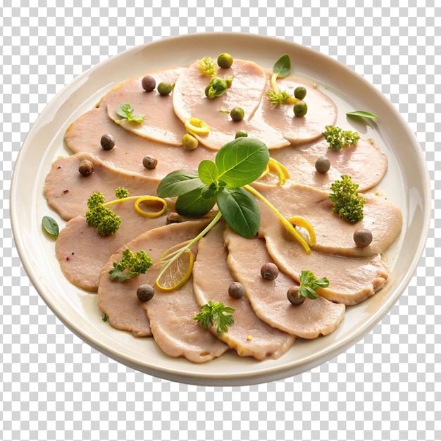 PSD une assiette blanche avec un arrangement circulaire de fromage au jambon sur un fond transparent