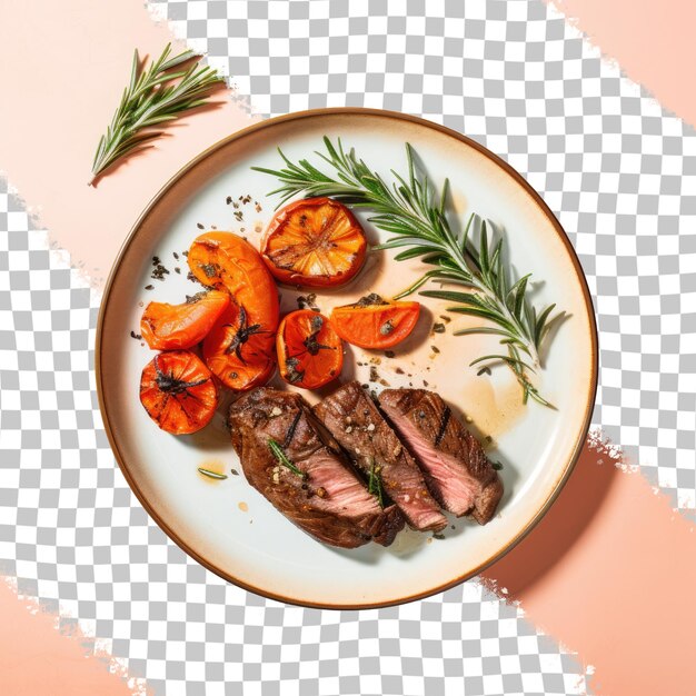 PSD une assiette blanche avec du steak et des légumes sur un fond transparent