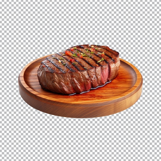 une assiette en bois de steak de boeuf grillé avec sauce isolée sur un tracé de détourage de fond transparent