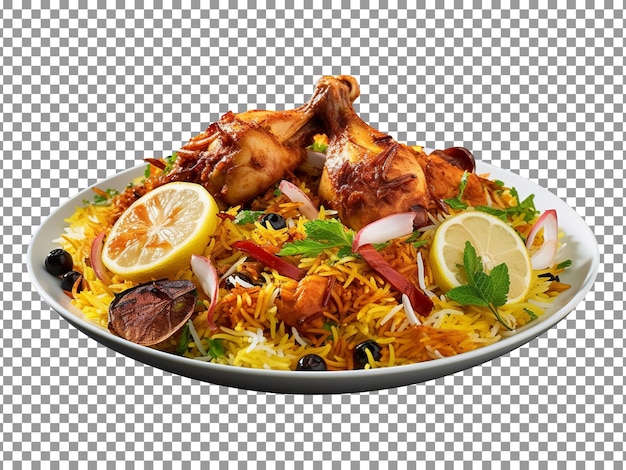 PSD assiette de délicieux poulet biryani avec des morceaux de cuisse et des tranches de légumes sur fond transparent