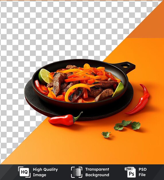 PSD assiette de fajitas de haute qualité, transparente et brûlante, avec une variété de poivrons colorés, y compris le rouge, le jaune et le vert, servie sur une assiette noire avec une poignée noire