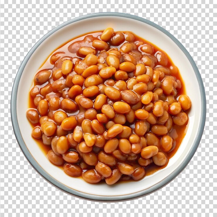 PSD une assiette de haricots cuits au four avec de la mélasse isolée sur un fond transparent