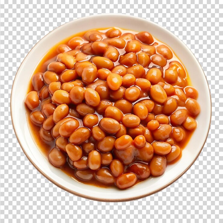 PSD une assiette de haricots cuits au four avec de la mélasse isolée sur un fond transparent
