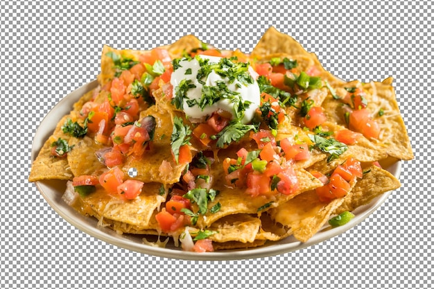Une assiette de nachos avec une crème sure sur fond isolé et transparent