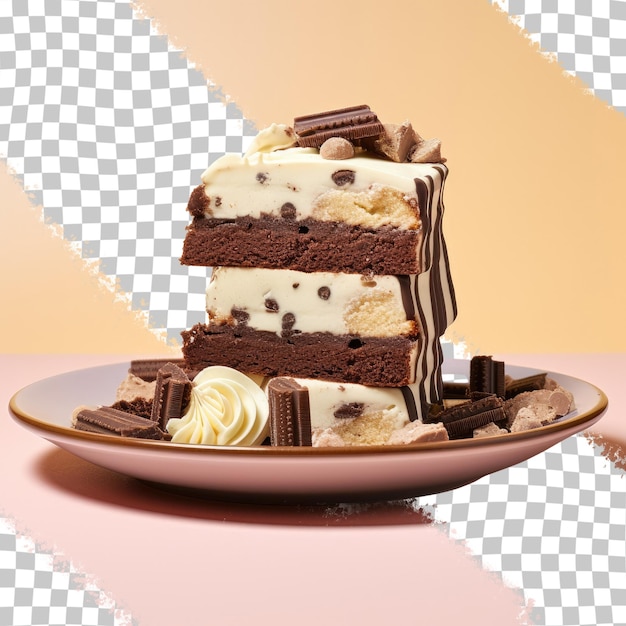 PSD une assiette noire contient un gâteau au chocolat orné de chocolat blanc et de biscuits sur un fond transparent