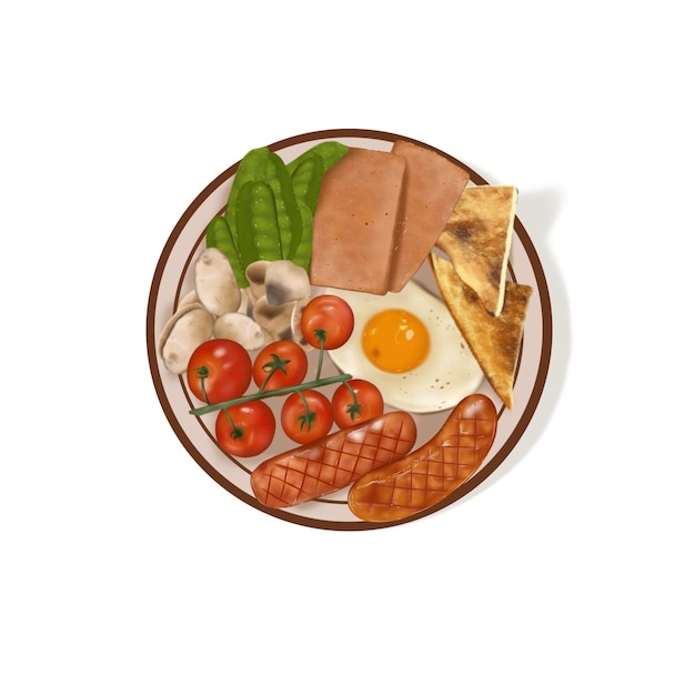 une assiette de nourriture composée de pains d'œufs, de viandes, de saucisses, de pois de neige, de champignons et d'atomes