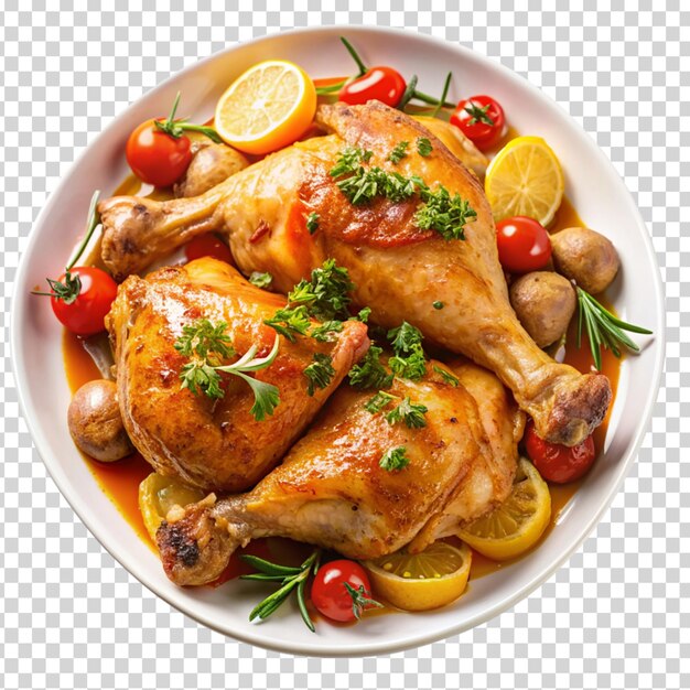 PSD une assiette de nourriture avec des tomates de poulet et des pommes de terre sur un fond transparent