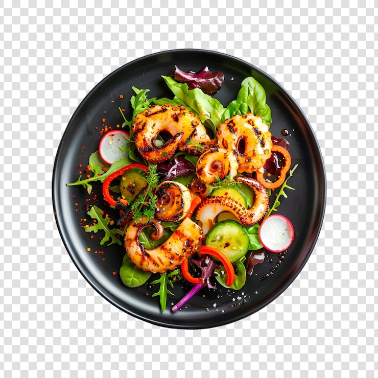 PSD une assiette de pieuvre grillée avec des légumes et des épices sur fond blanc