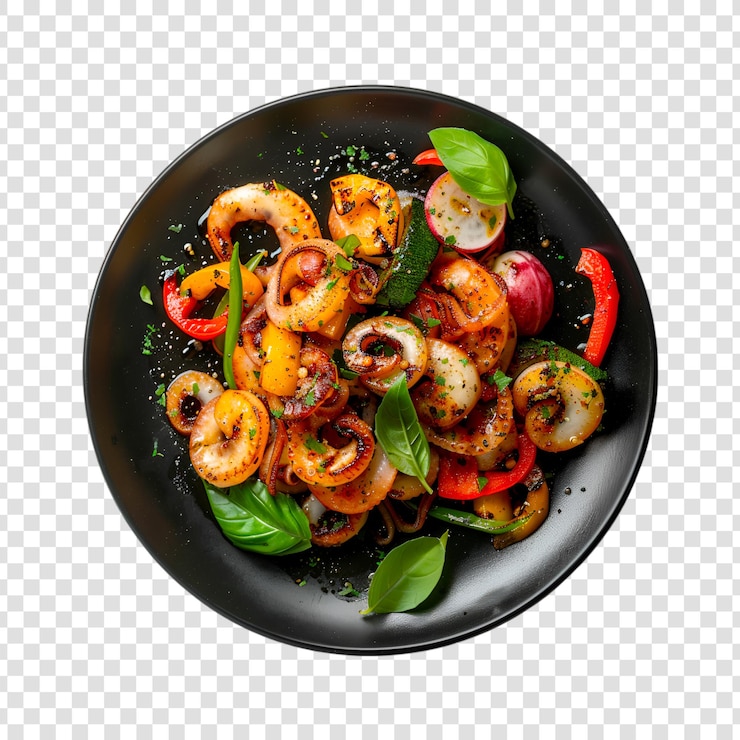 PSD une assiette de pieuvre grillée avec des légumes et des épices sur fond blanc