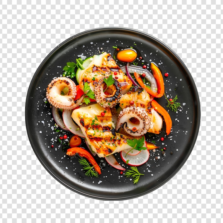 PSD une assiette de pieuvre grillée avec des légumes et des épices sur fond blanc