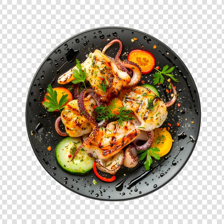 PSD une assiette de pieuvre grillée avec des légumes et des épices sur fond blanc