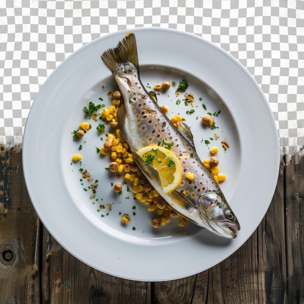 PSD une assiette de poisson avec du maïs et du maïs dessus