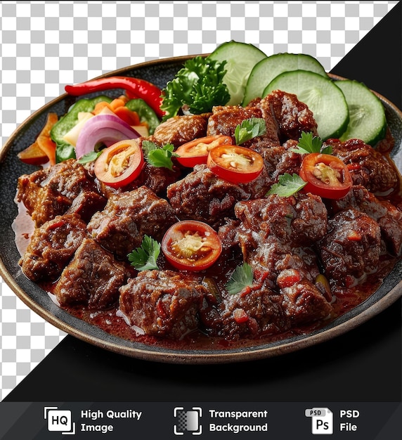 PSD assiette de rendang pour eid al fitr avec des concombres tranchés oignons rouges et violets et un poivre rouge sur une table noire