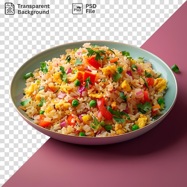 PSD assiette de riz et de légumes frits sur un fond rose