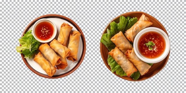 Assiette De Rouleaux De Printemps Avec De La Sauce De Trempage Isolée Sur Un Fond Transparent Vue De Haut