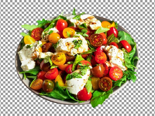 PSD assiette de salade avec une tomate et fromage sur fond transparent