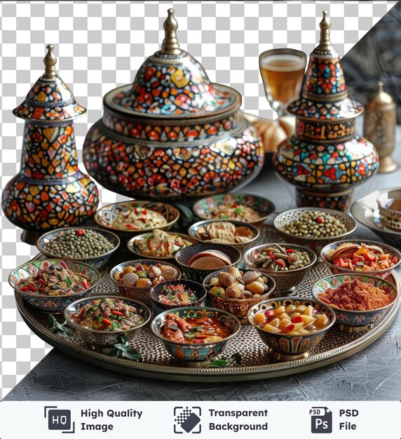 PSD assiette de serabi pour eid al-fitr avec une variété de bols, y compris un petit bol un bol brun et un bol plus grand disposés sur une table grise