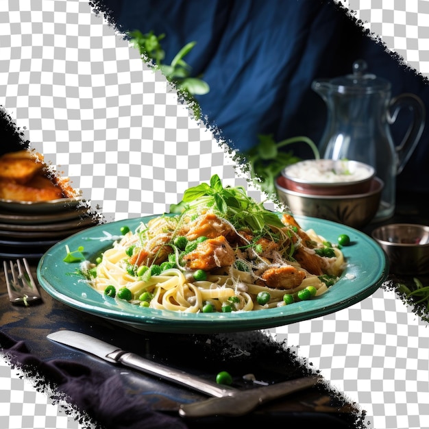 PSD assiette de spaghetti frits avec des pois à la crème sure, du basilic, du poulet, de l'oseille, de la roquette et du fromage bleu avec des couverts et une serviette sur la table, fond transparent