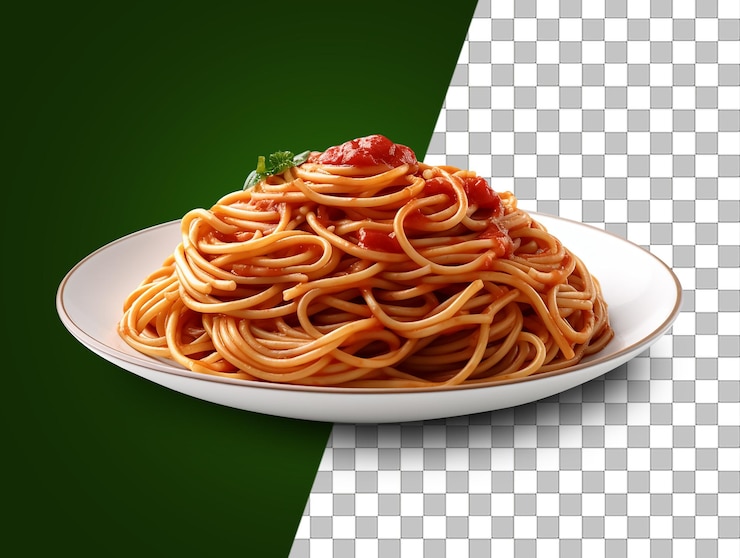Une assiette de spaghettis avec un fond vert et transparent