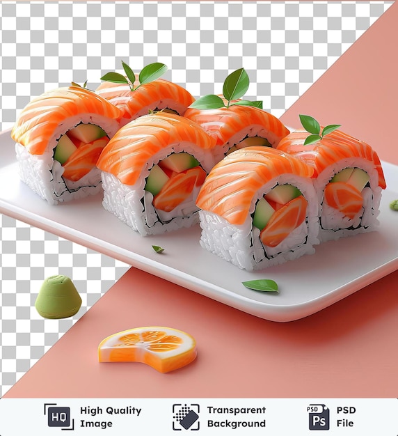 Une Assiette De Sushi Sur Une Assiette Blanche Accompagnée D'une Feuille Verte Sur Une Table Rose
