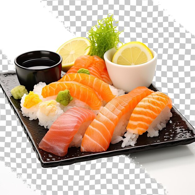 PSD une assiette de sushis aux fruits de mer avec du wasabi et du gingembre isolée sur un fond transparent