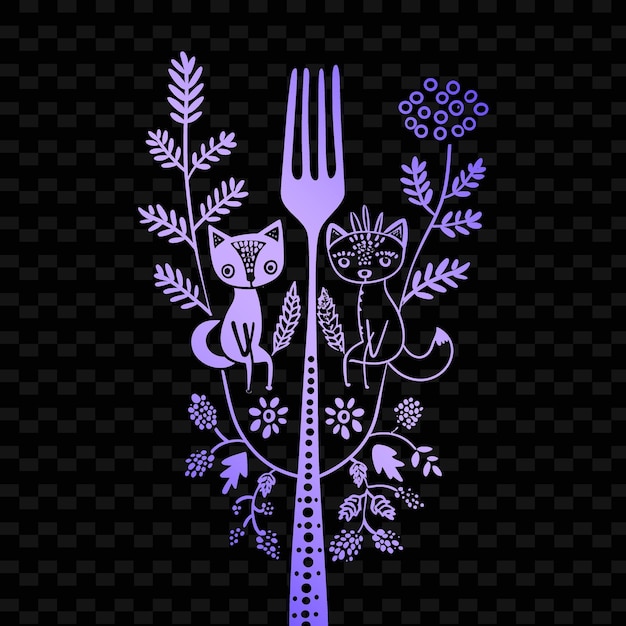 PSD une assiette violette avec un chat et une fourchette dedans