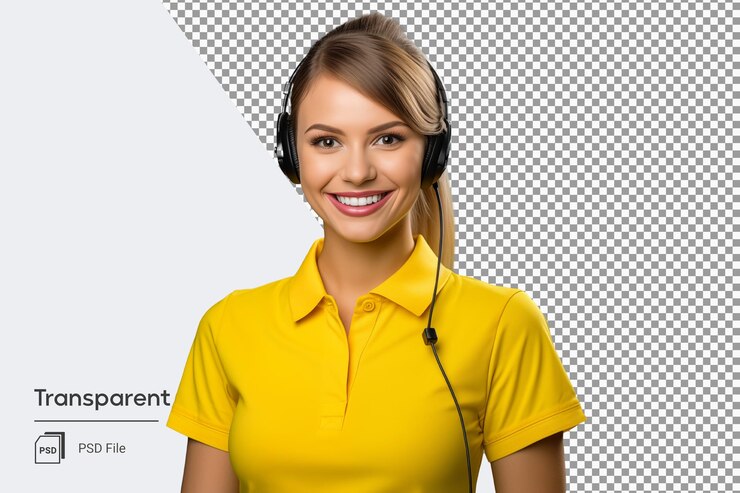 PSD assistente di supporto al call center donna in abiti gialli con cuffie