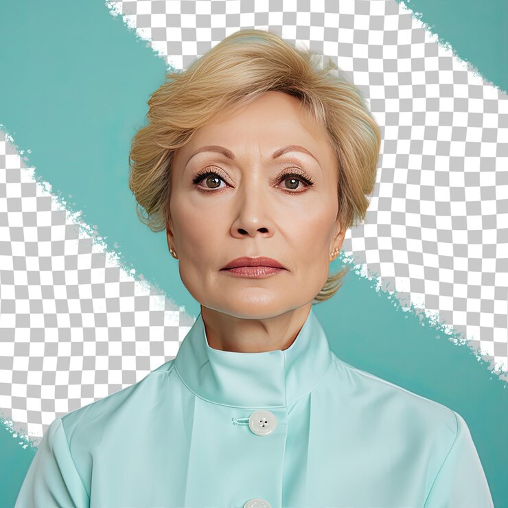 PSD assombrosa asiática ocidental sénior confiante olhos pastel mint