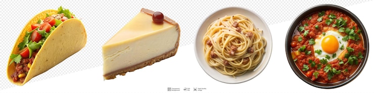 PSD assorted delicious foods including taco cheesecake pasta and shakshuka