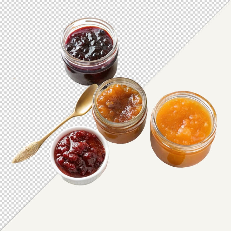PSD assorted fruit jams in glass jars and bowls