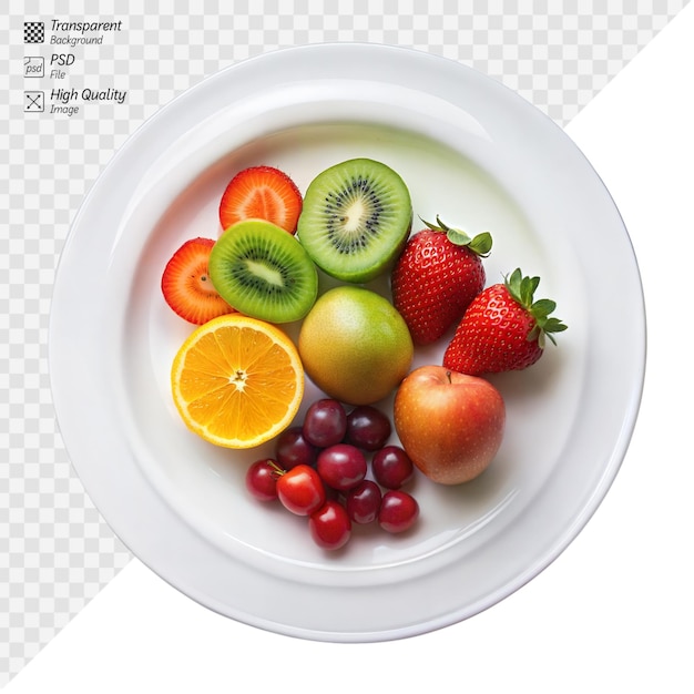 PSD un assortiment coloré de fruits frais sur une assiette blanche et propre