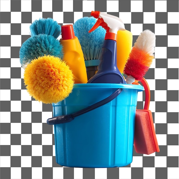 Un assortiment de produits de nettoyage dans un seau bleu prêt pour le nettoyage de printemps