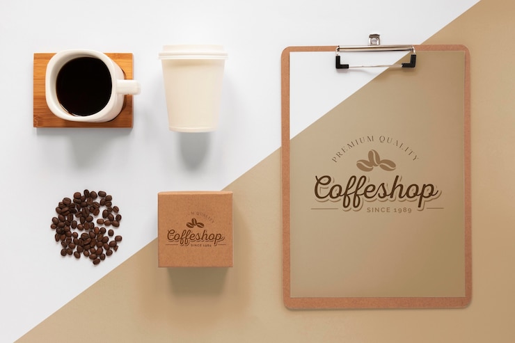 PSD assortimento di articoli per il branding del caffè laici piatta