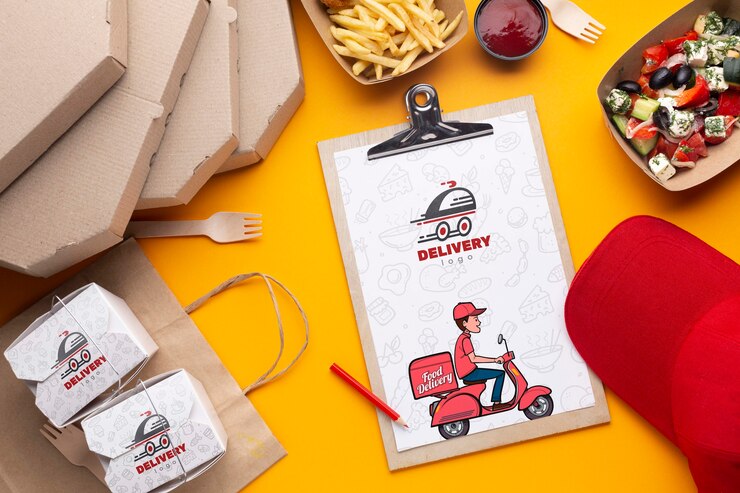PSD assortimento di consegna cibo gratuito con appunti mock-up