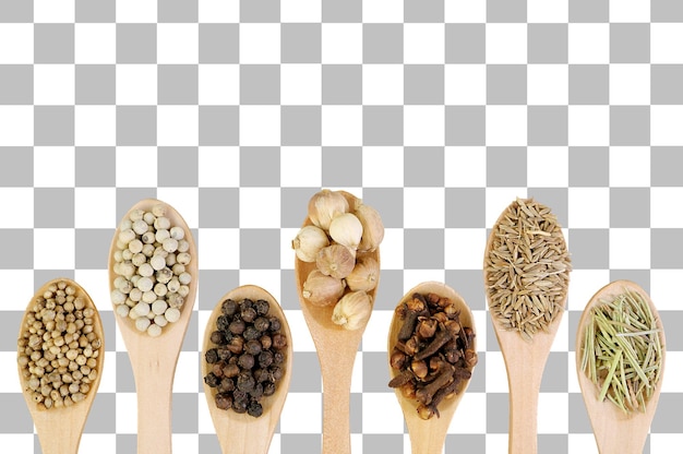 Assortimento di spezie in cucchiai di legno isolati su uno sfondo trasparente