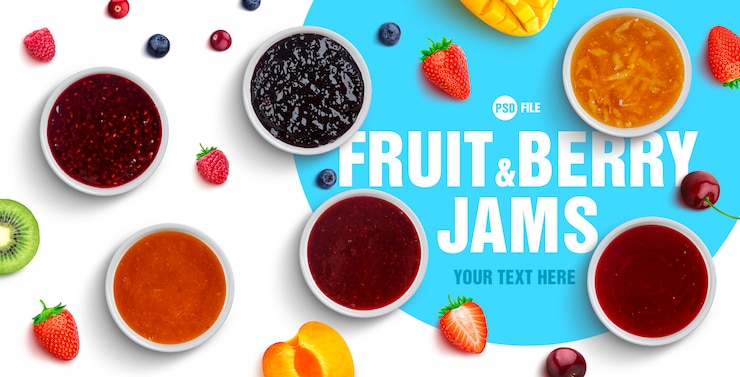 PSD assortment of berries and fruit jams