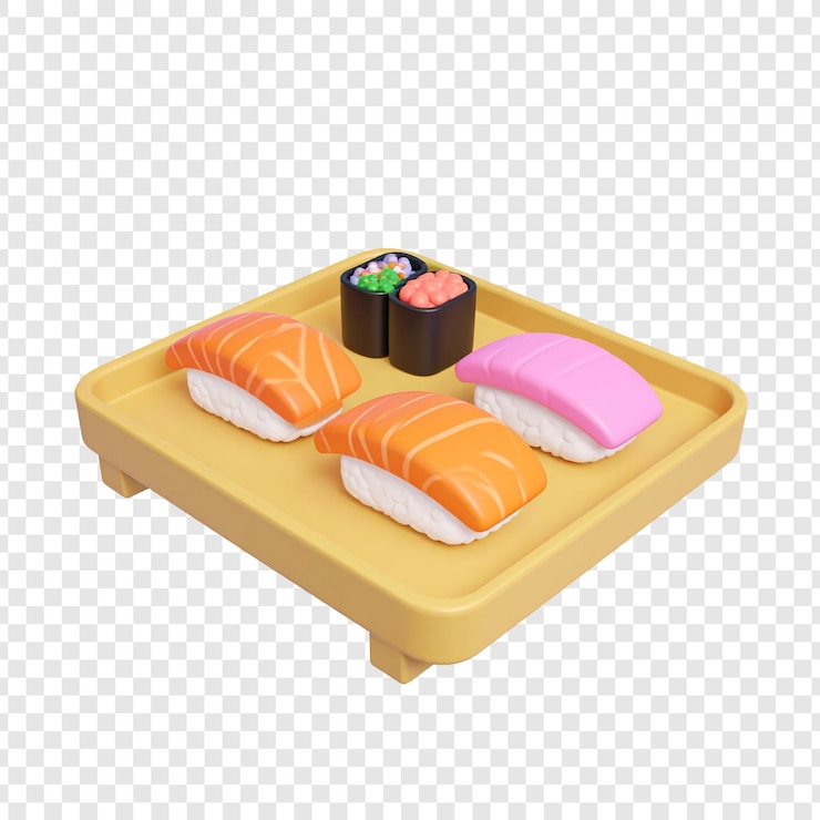 PSD assortment of colorful sushi on a light beige plate