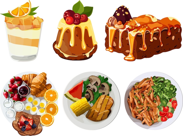 PSD assortment of desserts breakfast and healthy meals