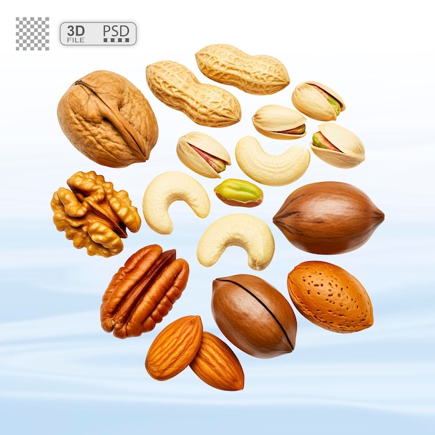 Assortment of nuts walnuts peanuts pistachios cashews pecans and almonds